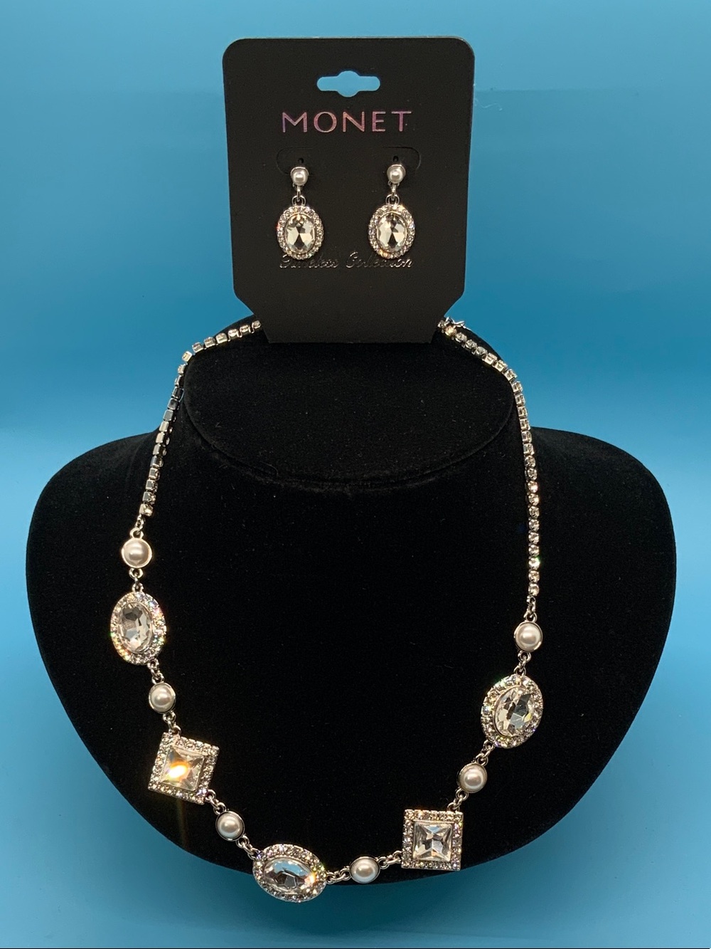 Monet Silver Crystal and Pearl Necklace with Matching Earrings - Clear/Silver